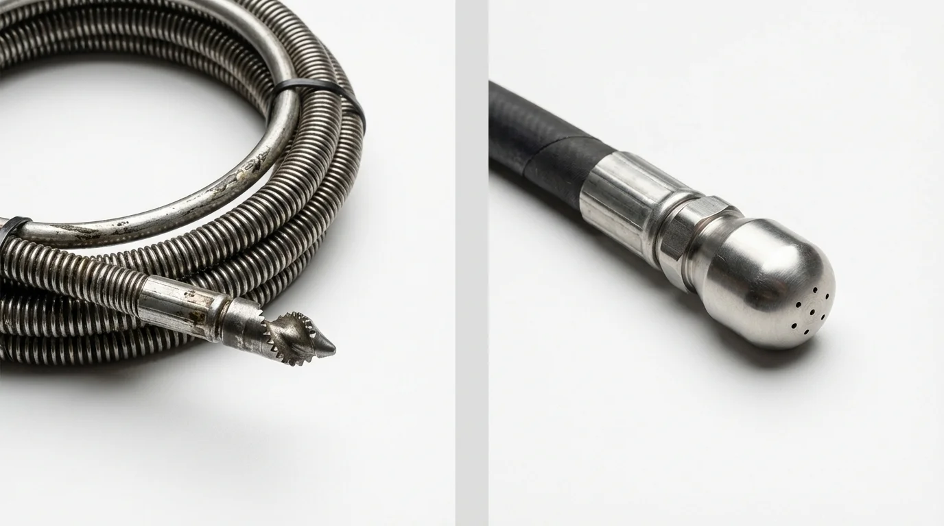 Drain snake cable and hydro jetting nozzle used for drain cleaning in Monticello, GA