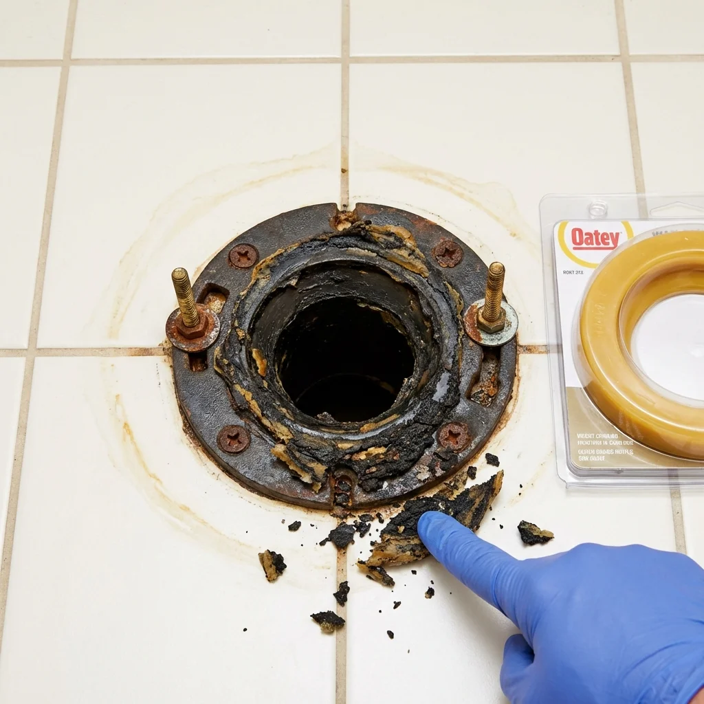 Failed wax ring showing water seepage at the base of a toilet in a Monticello, GA home